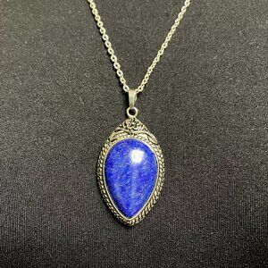 Lapis Lazuli Pendant Teardrop Shape Stainless Steel Diamond Cut Chain NEW